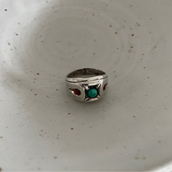 Vintage Sterling Silver Mens Signet Ring with Turquoise and Coral Accents sz 10 - Picture 1 of 5